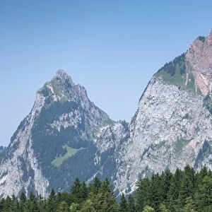 Kleiner Mythen mountain and Grosser Mythen mountain, seen from Stoos, Morschach, canton of Schwyz, Switzerland