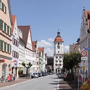 Koenigstrasse street with Mitteltorturm gate tower, Dillingen an der Donau, Donauried region, Swabia, Bavaria, Germany, Europe