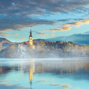 Lake Bled with the church dedicated to the Assumption of Mary, Slovenia