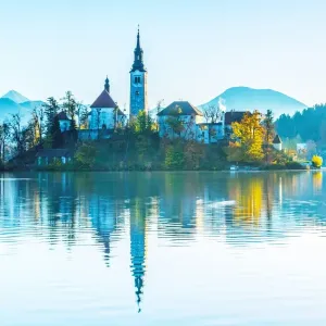 Lake Bled with the church dedicated to the Assumption of Mary, Slovenia
