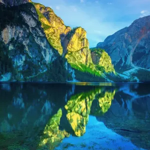 Lake Braies (Lago di Braies or Pragser Wildsee) in South Tyrol, Italy