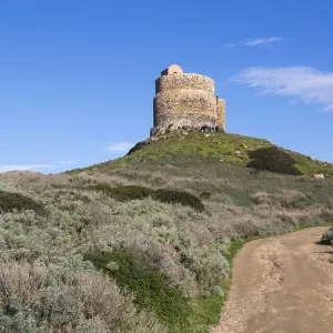 Landscape with dirt road leading to San Giovanni di Sinis tower, Oristano, Sardinia, Italy
