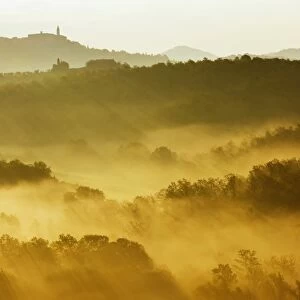 Landscape in the morning fog, San Quirico, Val dOrcia, Tuscany, Italy, Europe