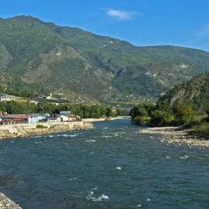 Landscape in the Paro Valley with the Paro Chhu River, Paro, Bhutan Landscape in the Paro Valley with the Paro Chhu River, Paro, Bhutan