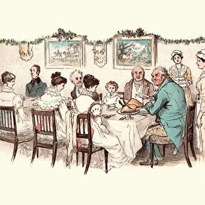 Large family enjoying a victorian christmas dinner