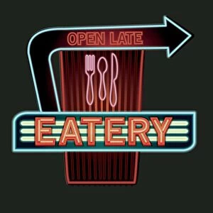 Late night retro Eatery neon sign with arrows and utensils