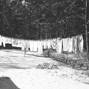 Laundry on a clothesline outdoors, (B&W)