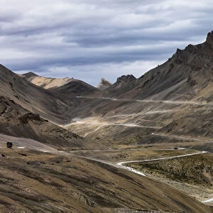 Leh-Manali Highway, a mountain pass road zigzag curve from jispa himachal pradesh to leh ladakh, india