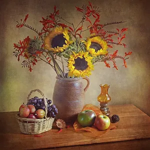 Print of Still Life With Sunflowers and Autumn Fruit