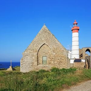 Lighthouse Phare de Saint-Mathieu in ancient ruins, in the Finistere, Brittany, France
