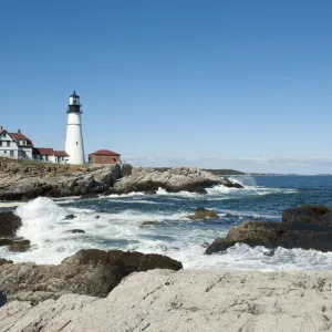 Lighthouse, waves breaking on rocks, Portland Head Light, Cape Elizabeth, Portland, Maine, New England, USA, North America Lighthouse, waves breaking on rocks, Portland Head Light, Cape Elizabeth, Portland, Maine, New England, USA, North America