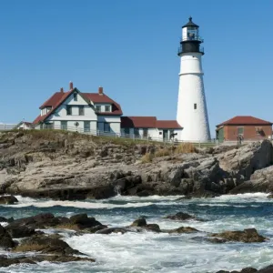 Felsenklippen mit Wellenbruch vor dem Leuchturm von Portland Head Light in Kap Elizabeth nahe der Stadt und Hafen von Portland im Bundesstaat Maine an der Ostküste Nordamerikas Felsenklippen mit Wellenbruch vor dem Leuchturm von Portland Head Light in Kap Elizabeth nahe der Stadt und Hafen von Portland im Bundesstaat Maine an der Ostküste Nordamerikas
