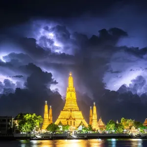 Lightning Storm Print over Wat Arun Temple at Sunset Lightning Storm Print over Wat Arun Temple at Sunset