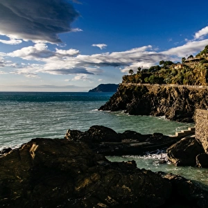 Ligurian sea coastline as seen from Manarola village in Cinque Terre National Park, Liguria, Italy