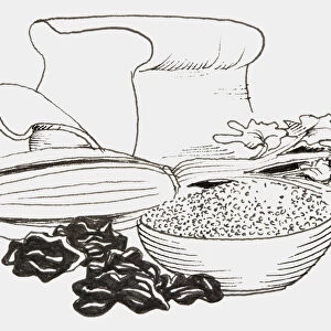 Line drawing of foods that provide fiber including bread, corn, cereal