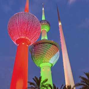 Lit Kuwait Towers in Kuwait City, Kuwait