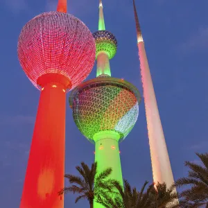 Lit Kuwait Towers in Kuwait City, Kuwait