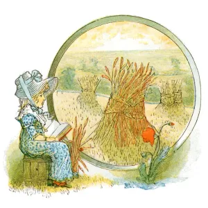 Victorian Print of Girl Reading in Harvest Field