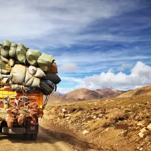 Loaded truck with bags in Himalaya MountainsTibet Loaded truck with bags in Himalaya MountainsTibet