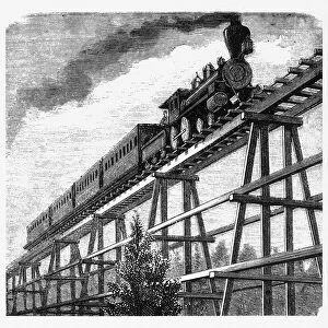 Locomotive Crossing a Tressel Bridge, Pan Pacific Railway Engraving, 1877