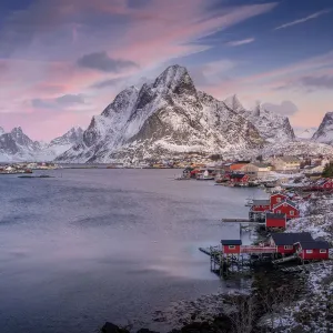 Lofoten Islands landscape in Norway over polar circle. Seasonal winter snowy landscape of