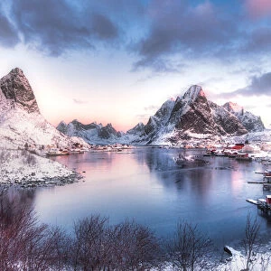 Lofoten in northern Norway. Photographed at dusk in winter