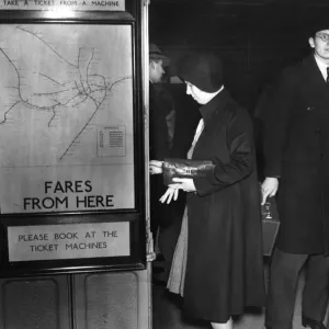 London Tube Print circa 1930: A Passenger at Piccadilly Circus