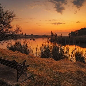 Lonesome park bench at sunset on the shores of a remote farm lake near Magaliesburg, Gauteng Province, South Africa