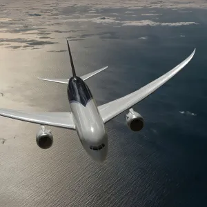 Look-down view of a Boeing 787-8 Dreamliner flying over the ocean