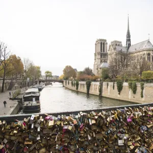 Love locks attached on the railings of the Pont de L Archeveche in Paris