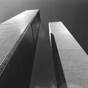 Low Angle View of Twin Towers, New York, USA Low Angle View of Twin Towers, New York, USA