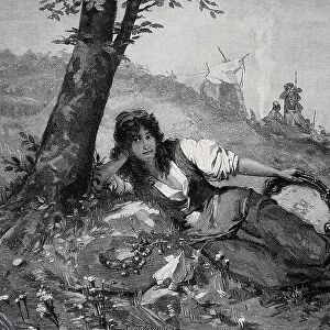 Lunch break in the puszta, Hungary, Gypsy girl with musical instrument has lain down in the meadow next to a tree, Historical, digital reproduction of a 19th century original, original date unknown