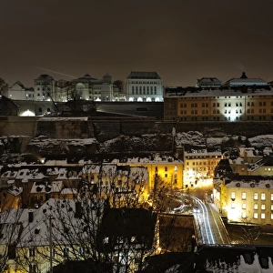 Luxembourg old city at night and snowcapped