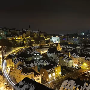 Luxembourg skyline at night and snowcapped