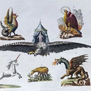 Magical creatures, hand-colored copper engraving from childrens picture book by Friedrich
