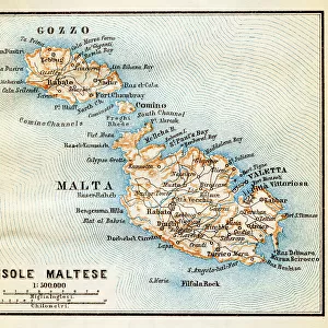 Malta island map - Lithograph Map Published 1890, Leipzig for "Italie. Manuel du Voyageur" by Karl Baedeker