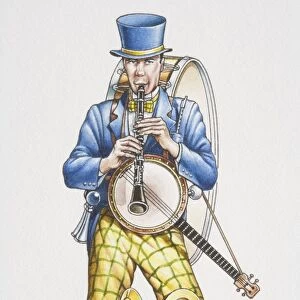 One man band, man in blue-and-yellow suit and top hat playing clarinet while carrying banjo on his shoulders, cymbals strapped to his knees and big drum on his back, front view