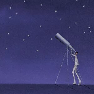 Man Looking Up at Stars With a Telescope
