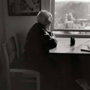 Elderly Man Viewing the World through Binoculars Print Elderly Man Viewing the World through Binoculars Print