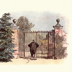 Man watching horse and cart drive passed his closed gate