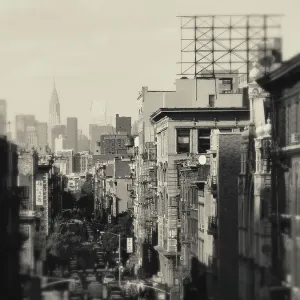 Manipulated high-angle view of Manhattan with the Chrysler Building far away in the horizon. New York City, USA