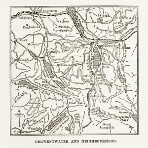 Map of Derwent Water, Keswick, England Victorian Engraving, 1840