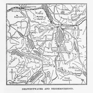 Mapa de Derwentwater, Keswick, Inglaterra Grabado victoriano, 1840.