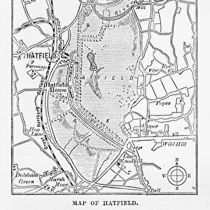 Map of Hatfield, Hertfordshire, England Victorian Engraving, 1840