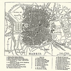 Map of Madrid, Spain, 19th Century
