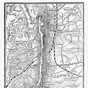 Map of Malvern Hills in Worcestershire, England Victorian Engraving, 1840