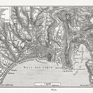 Map of Nice (France) and surroundings, wood engraving, published 1897
