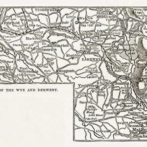 Map, Rivers Wye and Derwen, Derbyshire, England Victorian Engraving, 1840