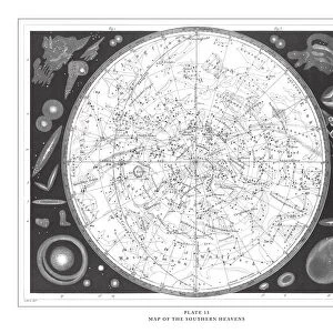 Map of the Southern Heavens Engraving Antique Illustration, Published 1851