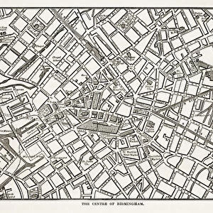 Map of The Town Center of Birmingham, England Victorian Engraving, 1840